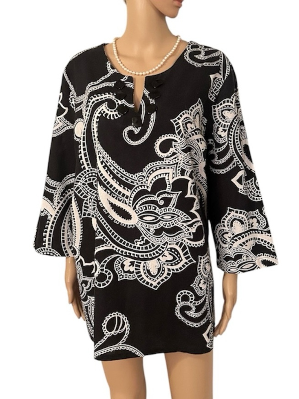 Emma James Women’s Size XL Black and White Linen Cotton 3/4 Sleeve Blouse